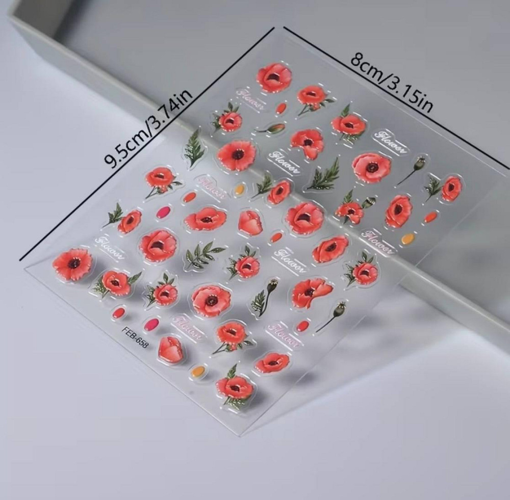 3D наклейки для нігтів квіти маки, водонепроникні слайдери для манікюру Київ - фото 2