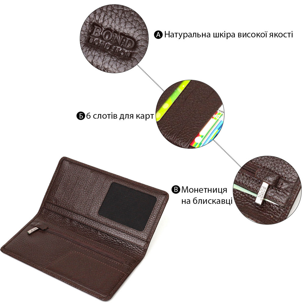 Вертикальный узкий мужской бумажник из натуральной зернистой кожи BOND 22052 Коричневый Киев - изображение 4