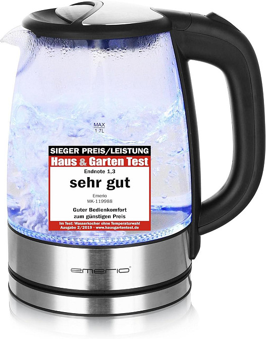 Електрочайник скляний 1,7 л, 2200 Вт, з синім LED-підсвічуванням, автоматичним вимкненням, боросилікатне скло EMERIO Київ - фото 6