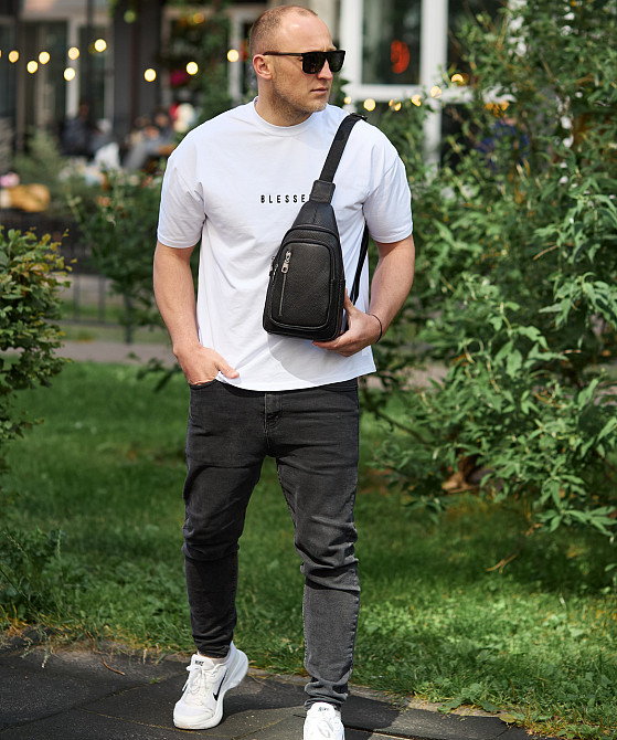 Чорна чоловіча сумка слінг з натуральної шкіри TIDING BAG Київ - фото 9