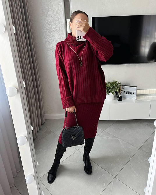 Жіночий теплий базовий костюм: светр та спідниця машинна в'язка + ангора Одеса - фото 3