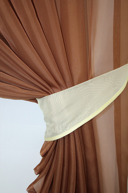 Кухонні шторки VR-Textil № 060к "Дует" з підв'язками коричневий з бежевим 330х170 см (50-360) Київ - фото 3