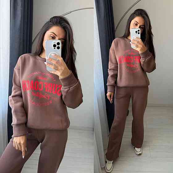 Жіночий теплий оверсайз костюм-двійка: кофта та штани турецька тринитка пеньє на флісі Моко, 42/46 Одеса