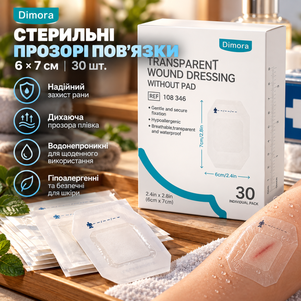 Стерильні прозорі пов’язки Dimora 6 × 7 см, 30 шт., водонепроникна поліуретанова плівка з абсорбувальною подушечкою для догляду за Київ - фото 1