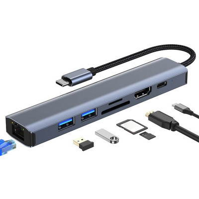 Концентратор Dynamode 7-in-1 USB-C to HDTV 4K/30Hz, 2хUSB3.0, RJ45, USB-C PD 100W, SD/MicroSD (BYL-2303) Вінниця - фото 8