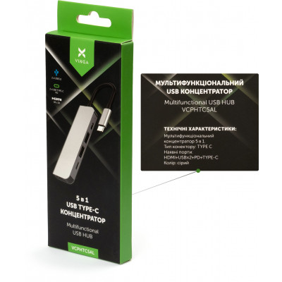 Концентратор Vinga Type-C to 4K HDMI+2*USB3.0+PD+USB-C 3.1 Gen1 aluminum (VCPHTC5AL) Вінниця - фото 4