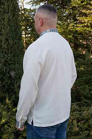 Вышиванка мужская, льняная, с длинным рукавом, молочная, лен   , топ Киев