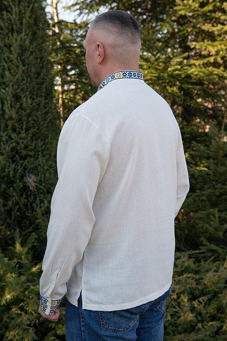 Вышиванка мужская, льняная, с длинным рукавом, молочная, лен   , топ Киев - изображение 5