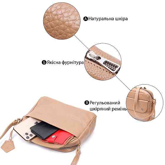 Стильна сумка жіноча крос-боді з натуральної шкіри GRANDE PELLE 11652 Бежева Київ