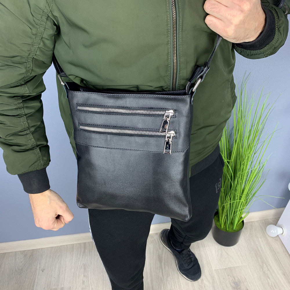 Мужская сумка наплечная из натуральной кожи стильная, чернаяMasterSem Киев - изображение 7