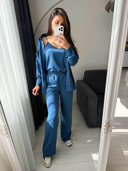 Женский базовый костюм тройка: рубашка майка и штаны креп жатка Джинс, 50/52 Одесса - изображение 6