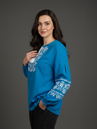Шифоновая синяя борщевская женская вышиванка с длинным рукавом в голубом цвете Киев