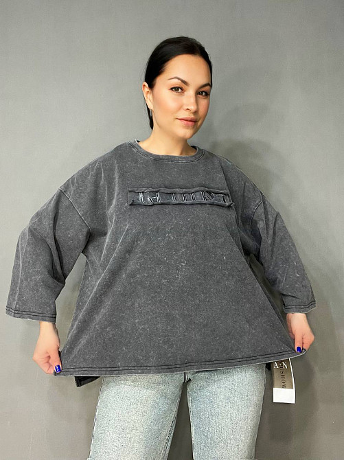 Футболка жіноча A-N 26029 оверсайз широка варена тай дай довгий рукав 3\4 з вишивкою попереду one size, сірий, one size Київ - фото 5