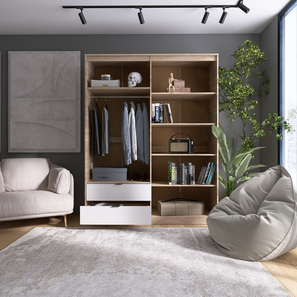 Шкаф распашной для одежды с выдвижными ящиками (штанга - полки) Эверест Сити-1600 160,2х50х204,6 см Дуб сонома/Белый (DTM-071119) Львов - изображение 3