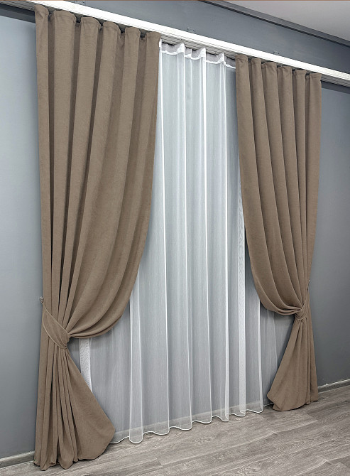 Комплект штор VR-Textil Микровелюр Petek 200х270 2шт и Тюль 500х270 1701ш-1153т Капучино с белым 71-055/6 Киев - изображение 10