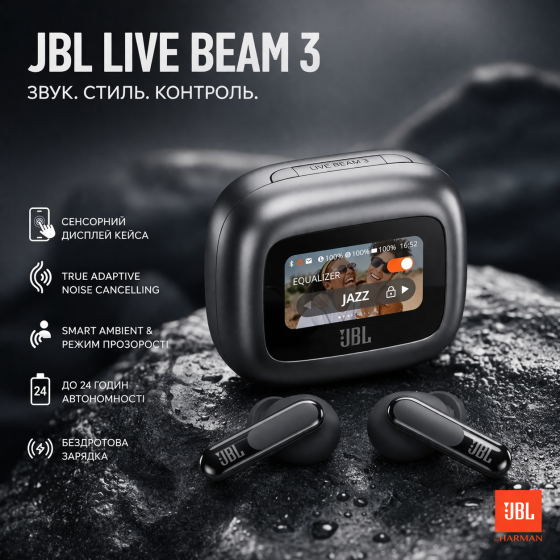 Навушники JBL Live Beam 3 Black Bluetooth з сенсорним дисплеєм кейсу, ANC, Hi-Fi звук, до 24 год, бездротова зарядка Київ