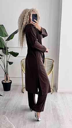 Женский базовый прогулочный костюм тройка: кардиган футболка и штаны трикотажный рубчик Шоколад, 52/54 Одесса