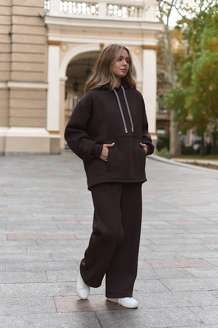 Женский теплый костюм двойка свободного кроя трехнитка на флисе Шоколад Одесса - изображение 9