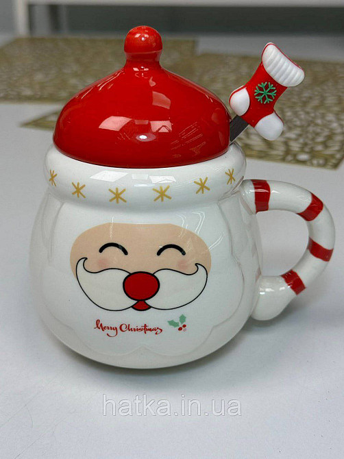 Кухоль з кришкою і ложкою керамічний новорічний Olens "Кенді-Санта" 400 мл 102-1062 Київ - фото 1