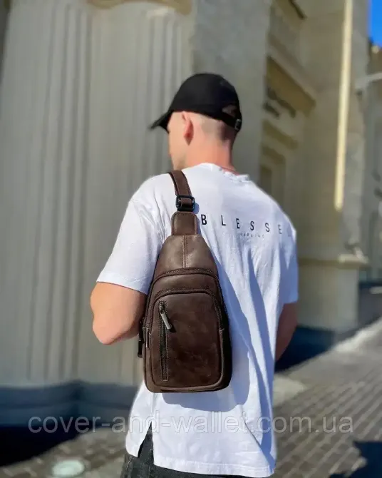 Стильный мужской слинг коричневого цвета из винтажной кожи Puos Киев - изображение 8