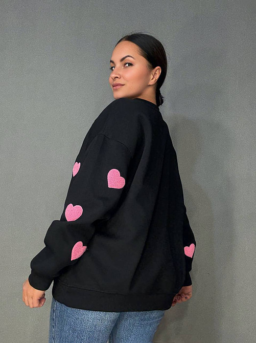 Свитшот женский W 2975 оверсайз с объемными сердцами, черный, one size Киев - изображение 15