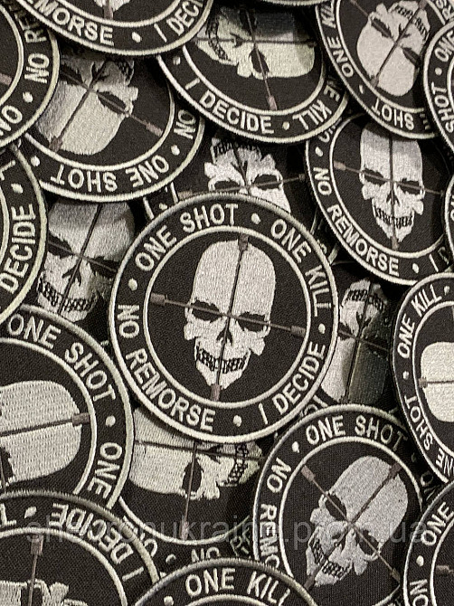 Шеврон один постріл один труп (Форма коло. На липучці) Розмір 8см Київ - фото 2