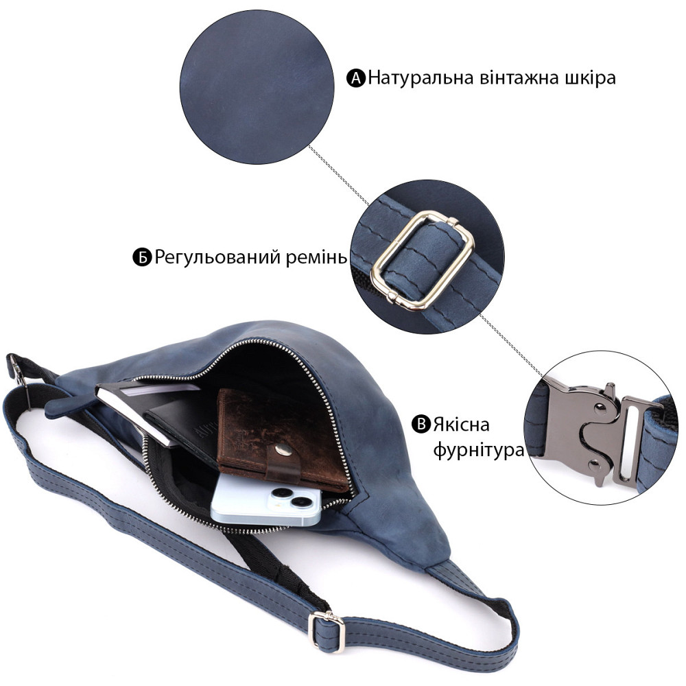 Мужская бананка отменного качества из винтажной натуральной кожи Shvigel 23141 Синий Киев - изображение 4