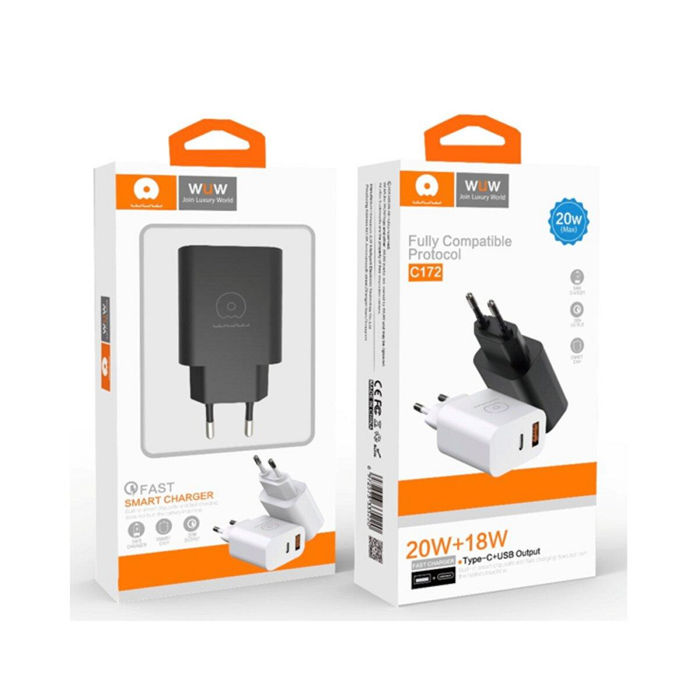 Мережевий зарядний пристрій WUW-C172 20W PD USB-C + USB QC3.0 18W white 6972573335381 Одеса - фото 2