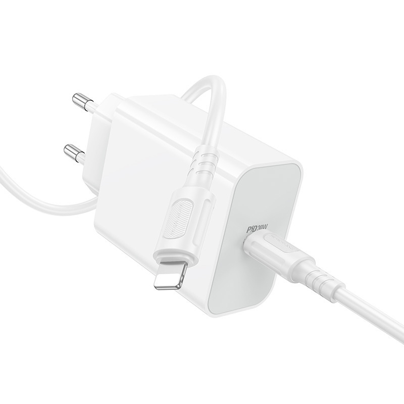 Мережевий зарядний пристрій з кабелем BOROFONE BA107A Stellar single port PD30W charger set (C to iP) (EU) White Одеса - фото 4