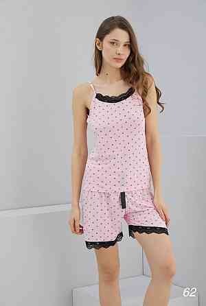 Жіноча легка принтована піжама-двійка: майка та шорти з мереживом Рожевий 2, 46 Одеса