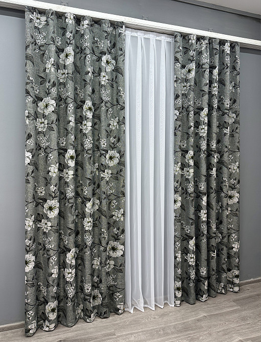 Комплект готовых штор VR-Textil Лен с цветочным принтом «Прованс» № 1724ш Серый 200х265 см 2 шт (32-315) Киев - изображение 4