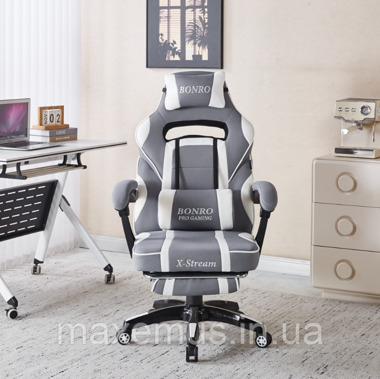 Компьютерное кресло для геймера из ткани с подставкой для ног и регулировкой спинки B-141 бело-серое Мостиска - изображение 4