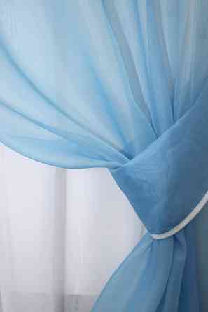 Кухонний комплект VR-Textil № 051к тюль і шторки з підв'язками блакитний з білим 280х170 см (52-0561) Київ