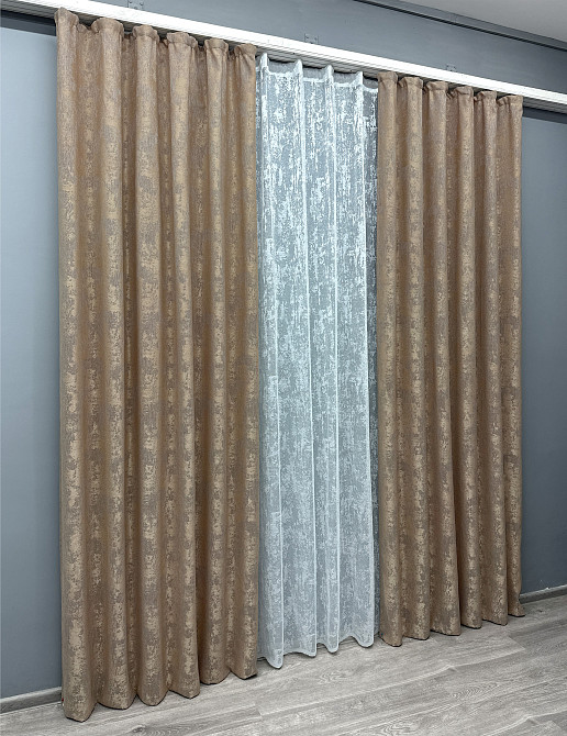 Комплект штор VR-Textil Жаккард Мрамор 200х270 2шт и Тюль 500х270 1207ш-1400т Капучино с белым 71-005/6 Киев - изображение 3