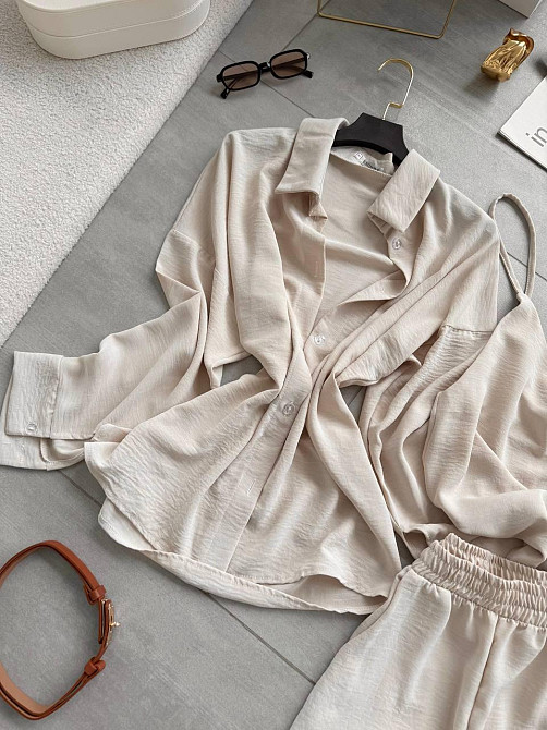 Жіночий легкий прогулянковий костюм-трійка: сорочка майка та штани креп жатка Беж, 42/46 Одеса - фото 2