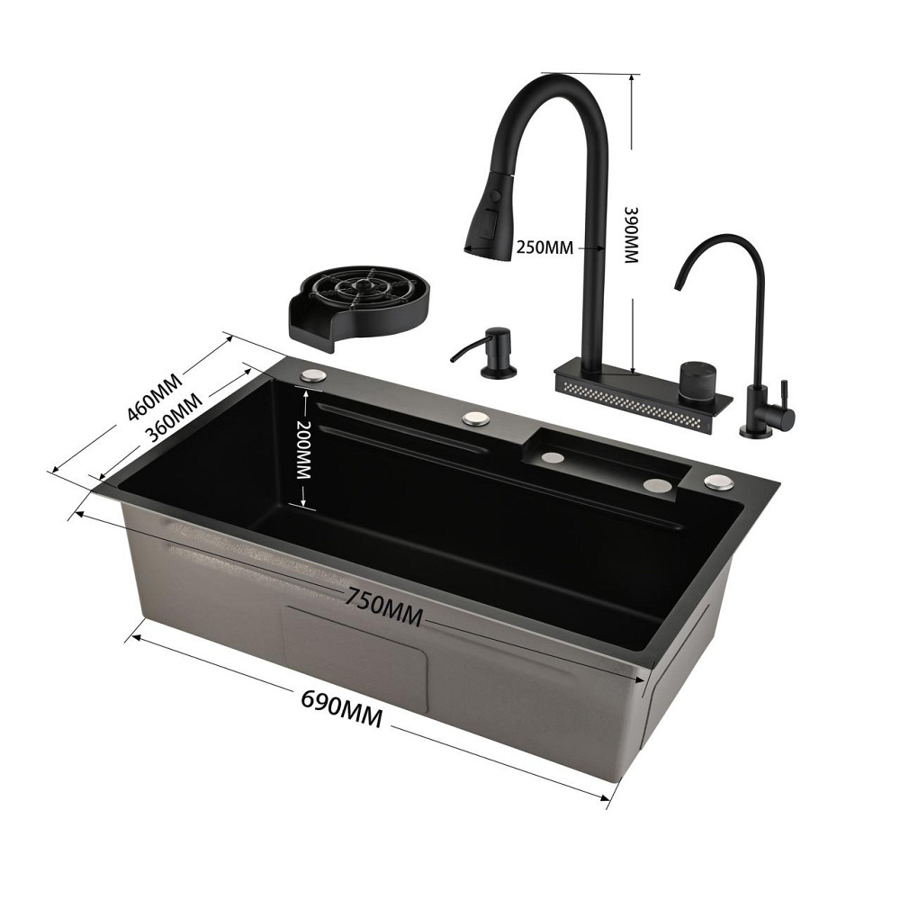 Кухонная мойка водопад Willda черная / Nano Black 75x46x22 см (375777766) Киев - изображение 8