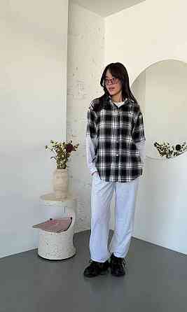 Женский повседневный костюм двойка: рубашка в клетку и штаны турецкая фланель + двунитка Черный Одесса