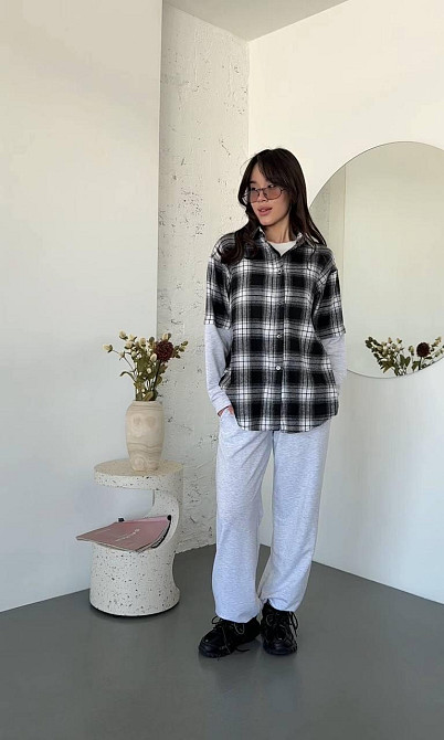 Женский повседневный костюм двойка: рубашка в клетку и штаны турецкая фланель + двунитка Черный Одесса - изображение 2