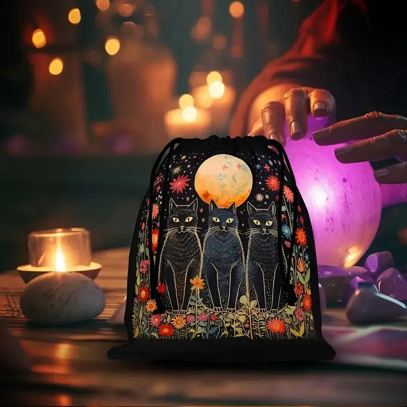 Мешочек для Таро, рун и кристаллов «Три чёрные кота и луна» – мистический оккультный аксессуар Киев - изображение 1