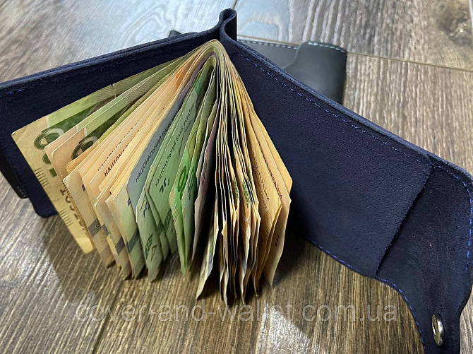 Шкіряний затискач для купюр та карток на кнопці синього кольору LQ Leather Київ - фото 7
