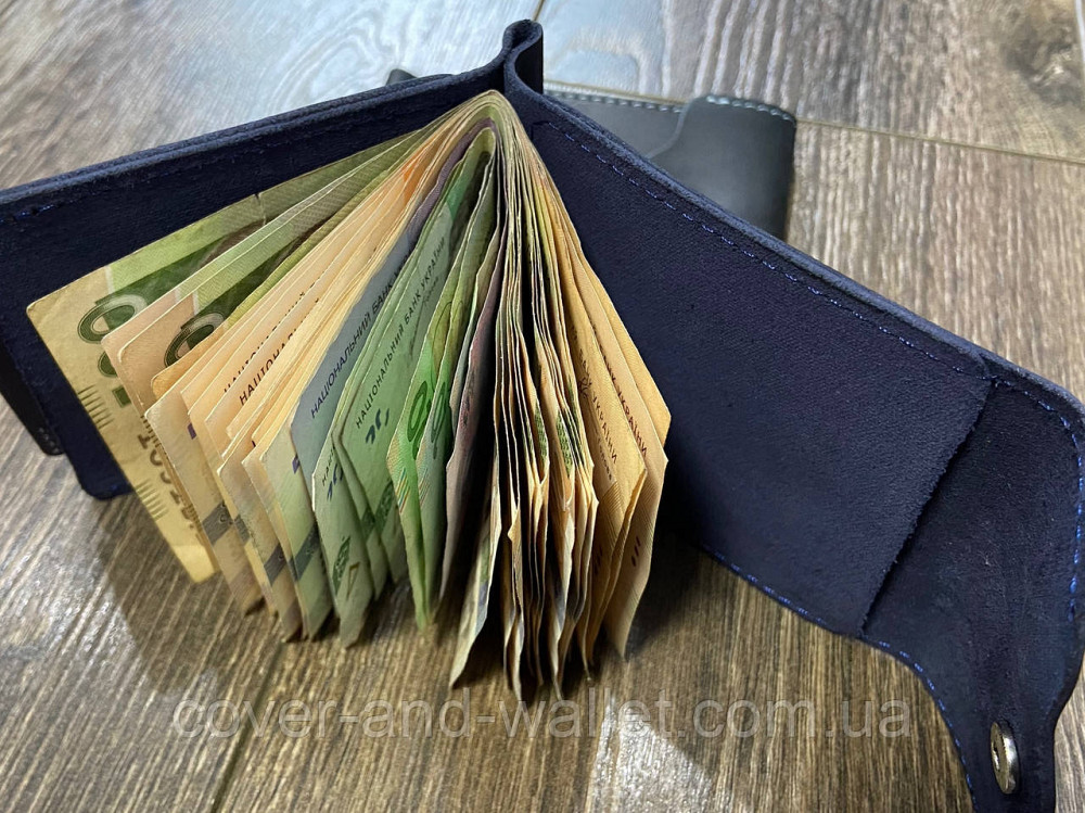 Кожаный зажим для купюр и карточек на кнопке синего цвета LQ Leather Киев - изображение 7