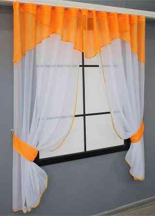 Кухонные шторки VR-Textil № 00к с подвязками белый с оранжевым 280х170 см (59-884) Киев