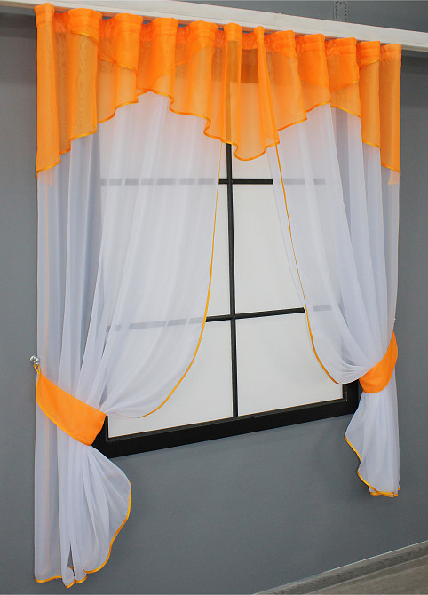 Кухонные шторки VR-Textil № 00к с подвязками белый с оранжевым 280х170 см (59-884) Киев - изображение 2