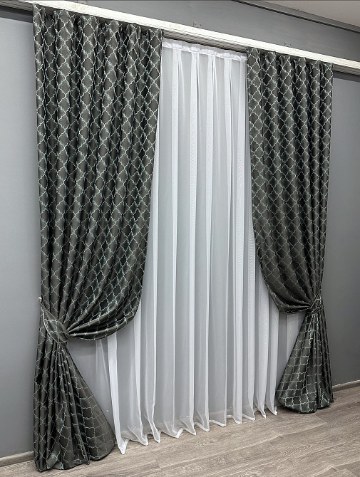 Комплект готовых штор VR-Textil Жаккард SAPFIR № 1754ш Графитовый с бирюзовым 100х300 см 2 шт (31-815) Киев - изображение 3