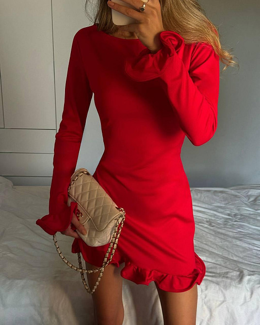 Женское романтичное мини платье с воланами из итальянского трикотажа Красный, 42/44 Одесса - изображение 3