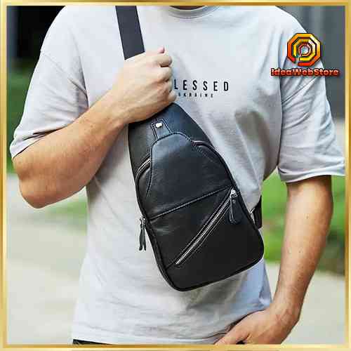 Мужской стильный черный кожаный слинг на плечо Tiding Bag Киев