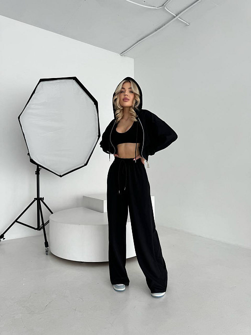 Жіночий прогулянковий костюм-двійка: кофта та штани турецька двонитка Чорний, 46/48 Одеса - фото 1