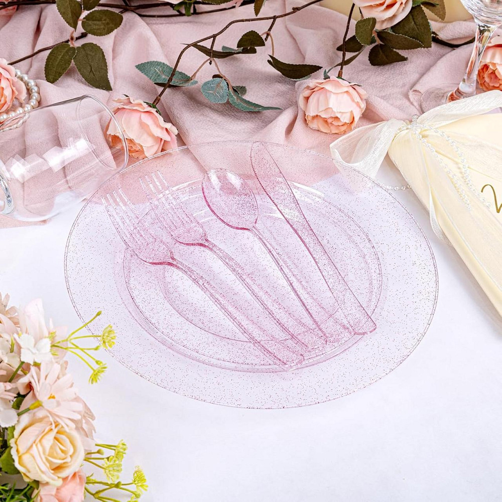 Набор тарелок пластиковых круглые 4 шт, десертные 19 см и обеденные 26 см,розовые прозрачные с блёстками Каменец-Подольский - изображение 4