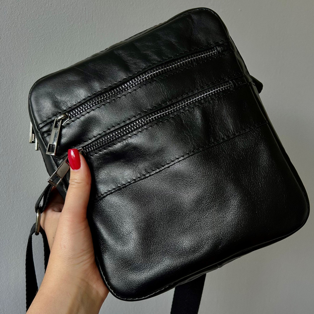 Чоловіча сумка через плече глянцева шкіряна чорна Детройт Глянець 21х19х5 см, сумка месенджер шкірянаMasterSem Київ - фото 6