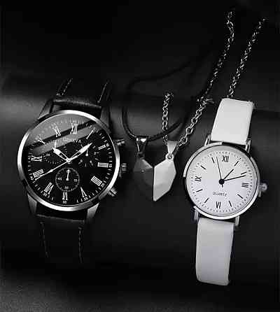 Подарочный набор для мужчин и женщин 2 парные часы с 2 ожерельем серце диам 4см длин 24см шир 2см черно-белый Киев